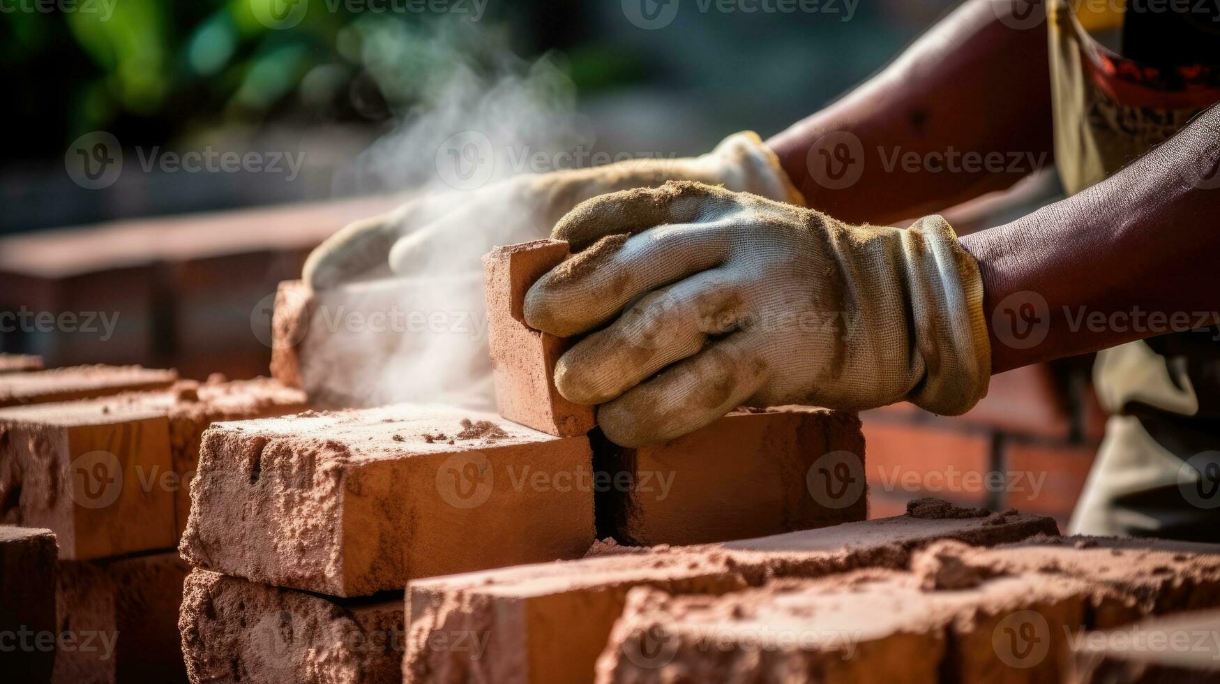 uma trabalhador construção uma tijolo muro. generativo ai foto