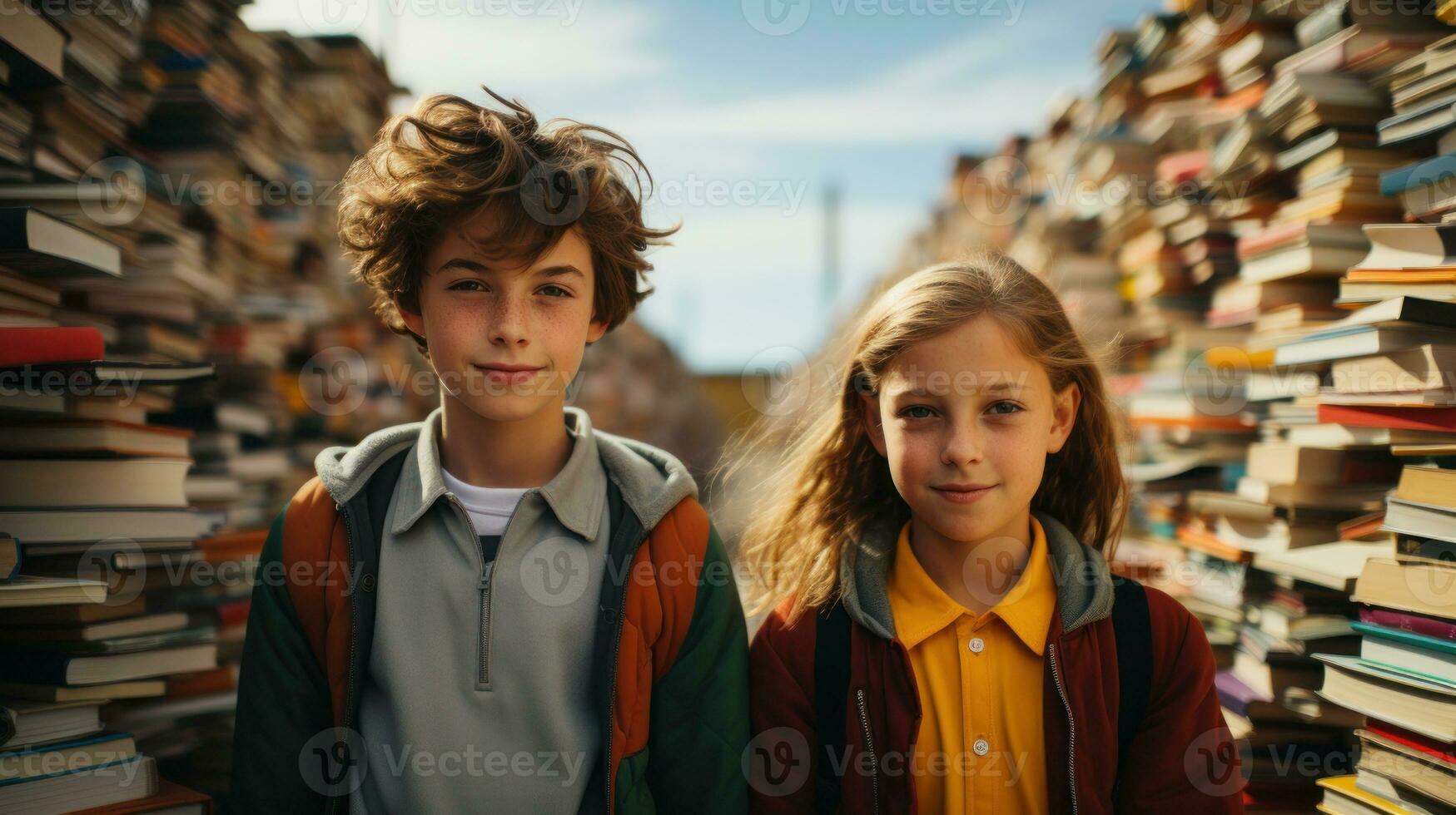 uma pequeno Garoto e menina entre pilhas do livros. generativo ai foto