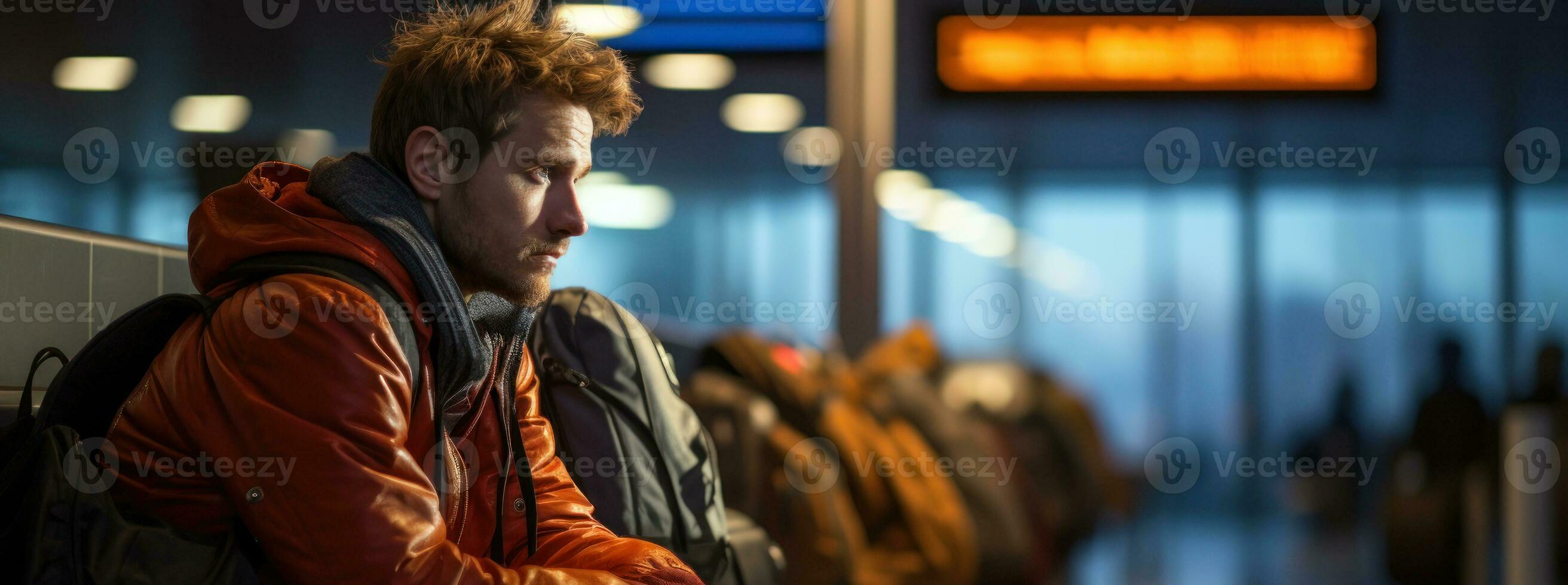 homem com mochila esperando para viagem às a aeroporto. generativo ai foto