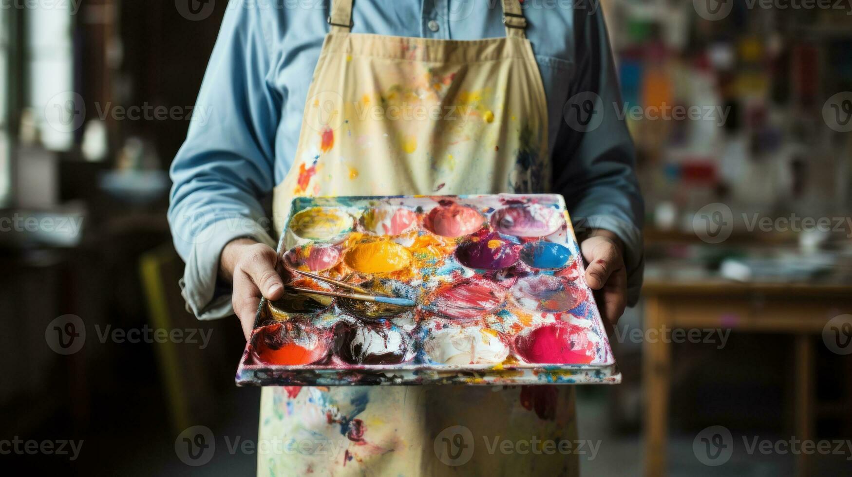 a artista segurando uma paleta do colorida tintas. generativo ai foto