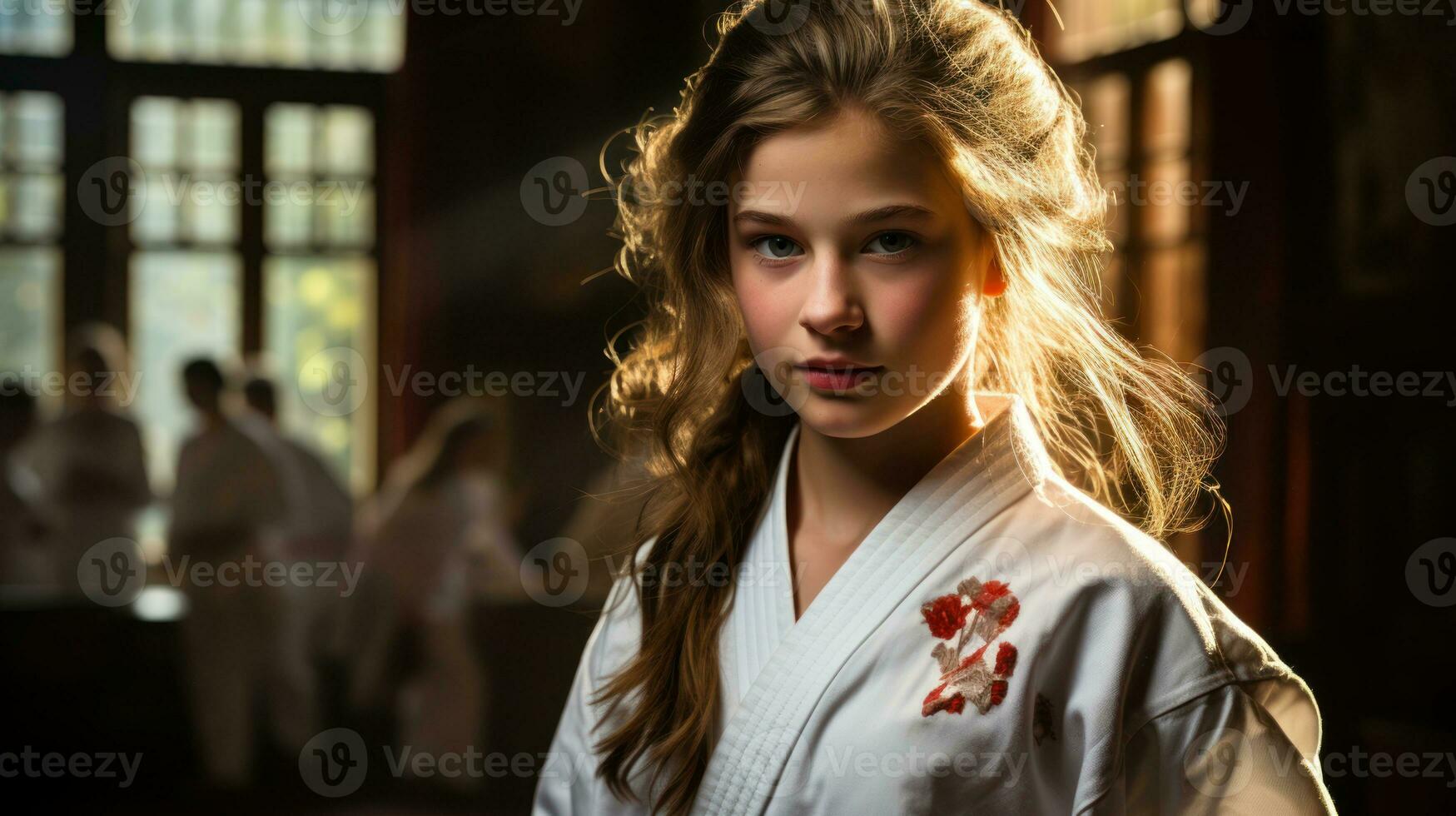 Adolescência menina dentro uma marcial artes uniforme fazendo uma chute.. generativo ai foto
