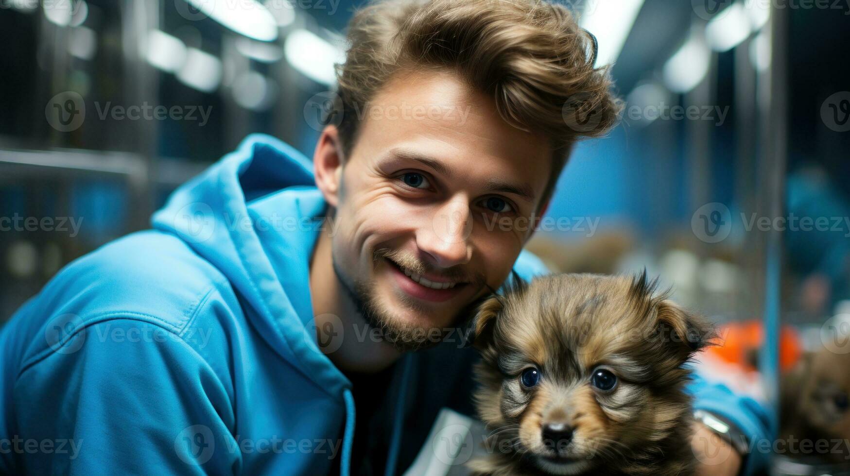 foto do uma masculino veterinário abraçando uma pequeno filhote de cachorro. generativo ai