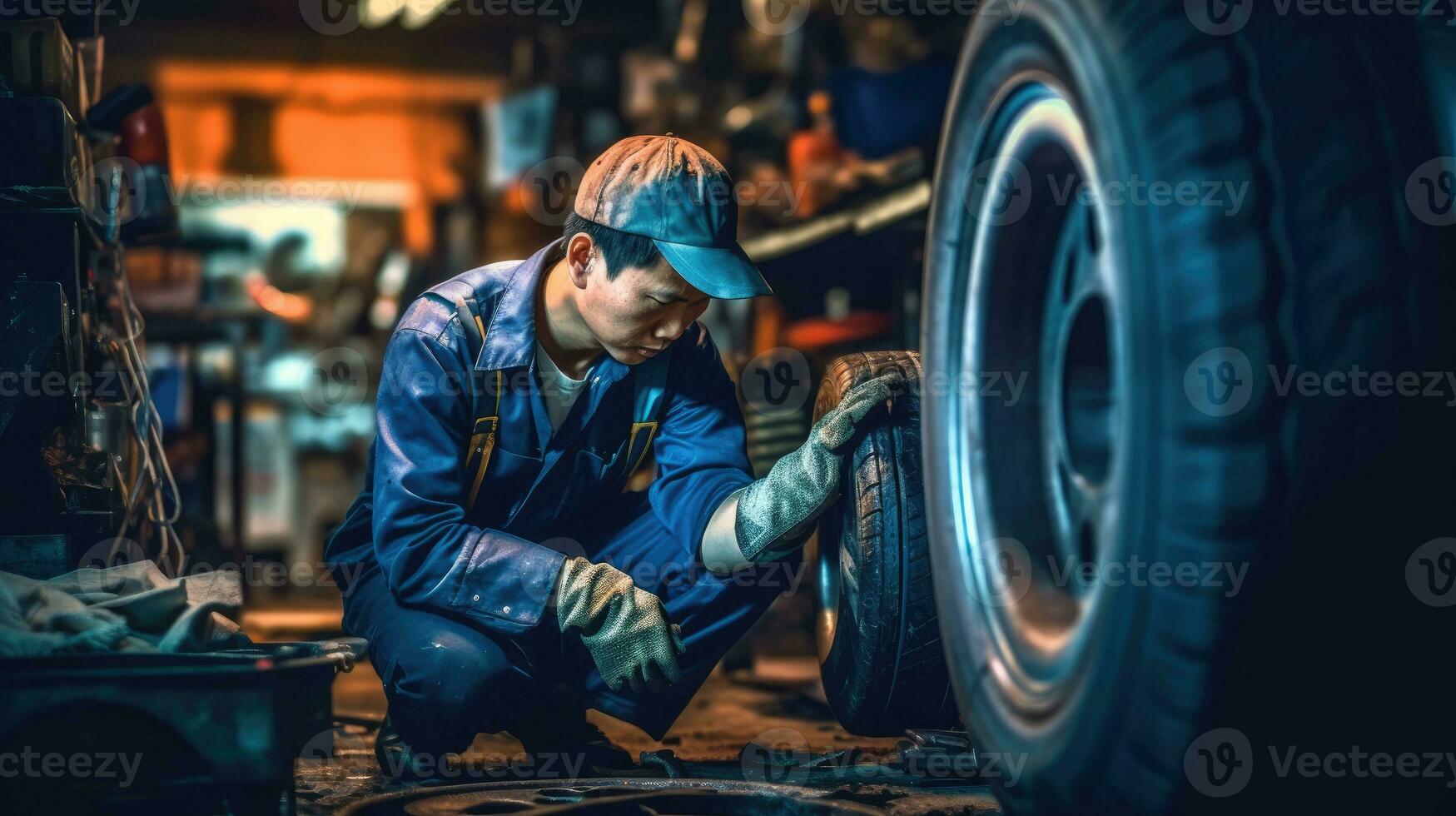 uma mecânico reparação carro pneus. generativo ai foto