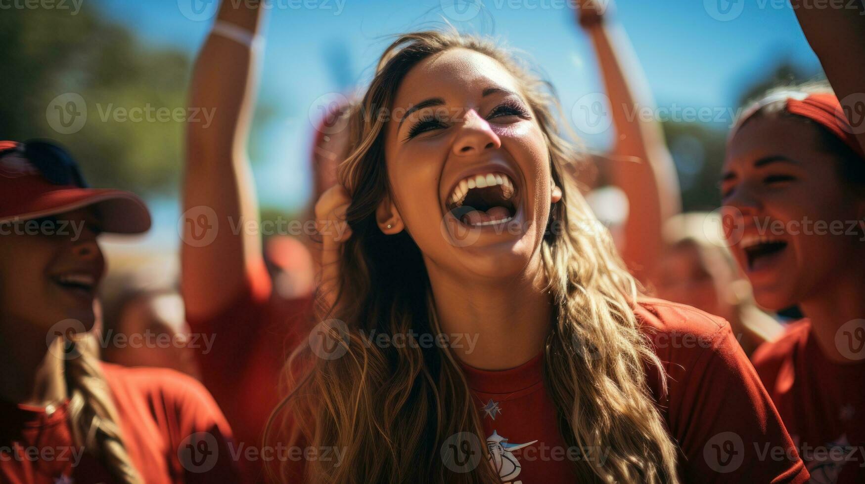 mulheres beisebol equipe comemora vitória. generativo ai foto