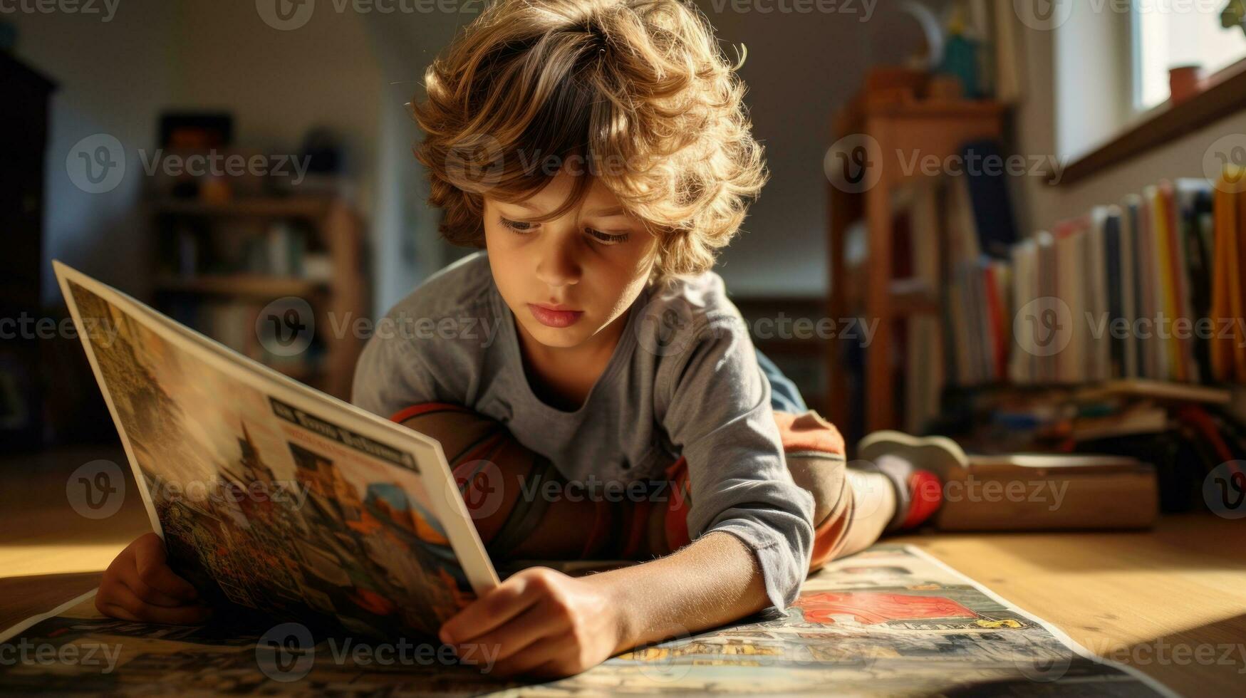 jovem Garoto lendo uma ampla cenário livro em a chão.. generativo ai foto