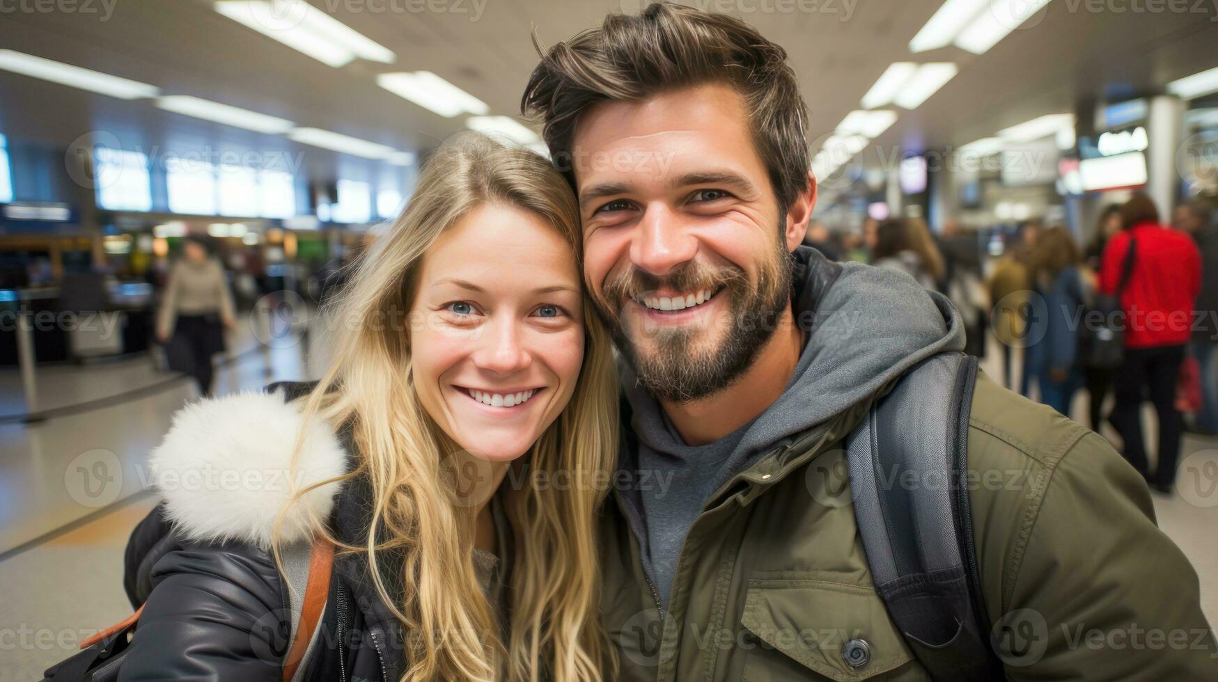 uma jovem casal viajando junto. generativo ai foto