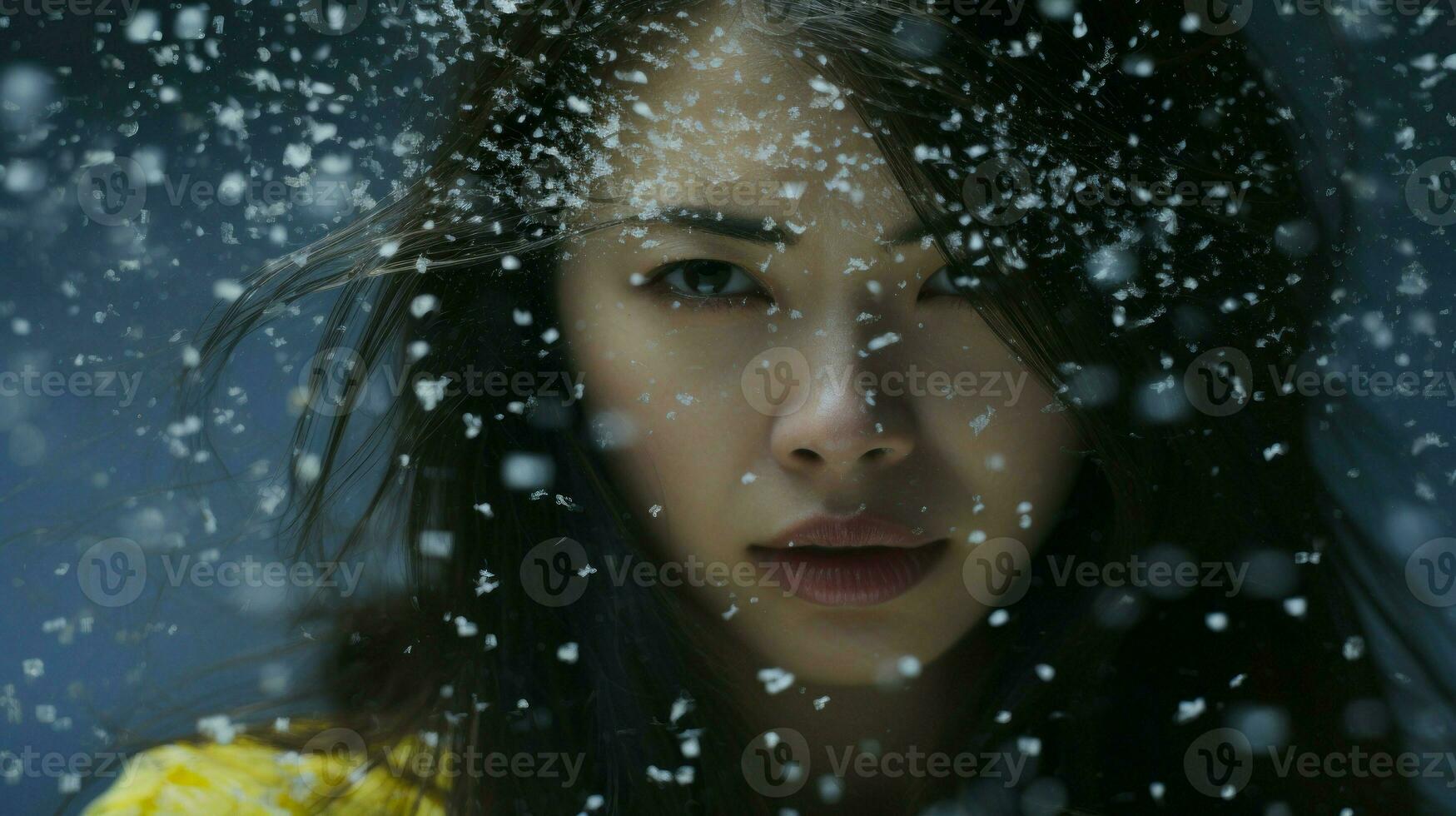 fechar-se ásia mulher dentro uma Nevado clima. generativo ai foto