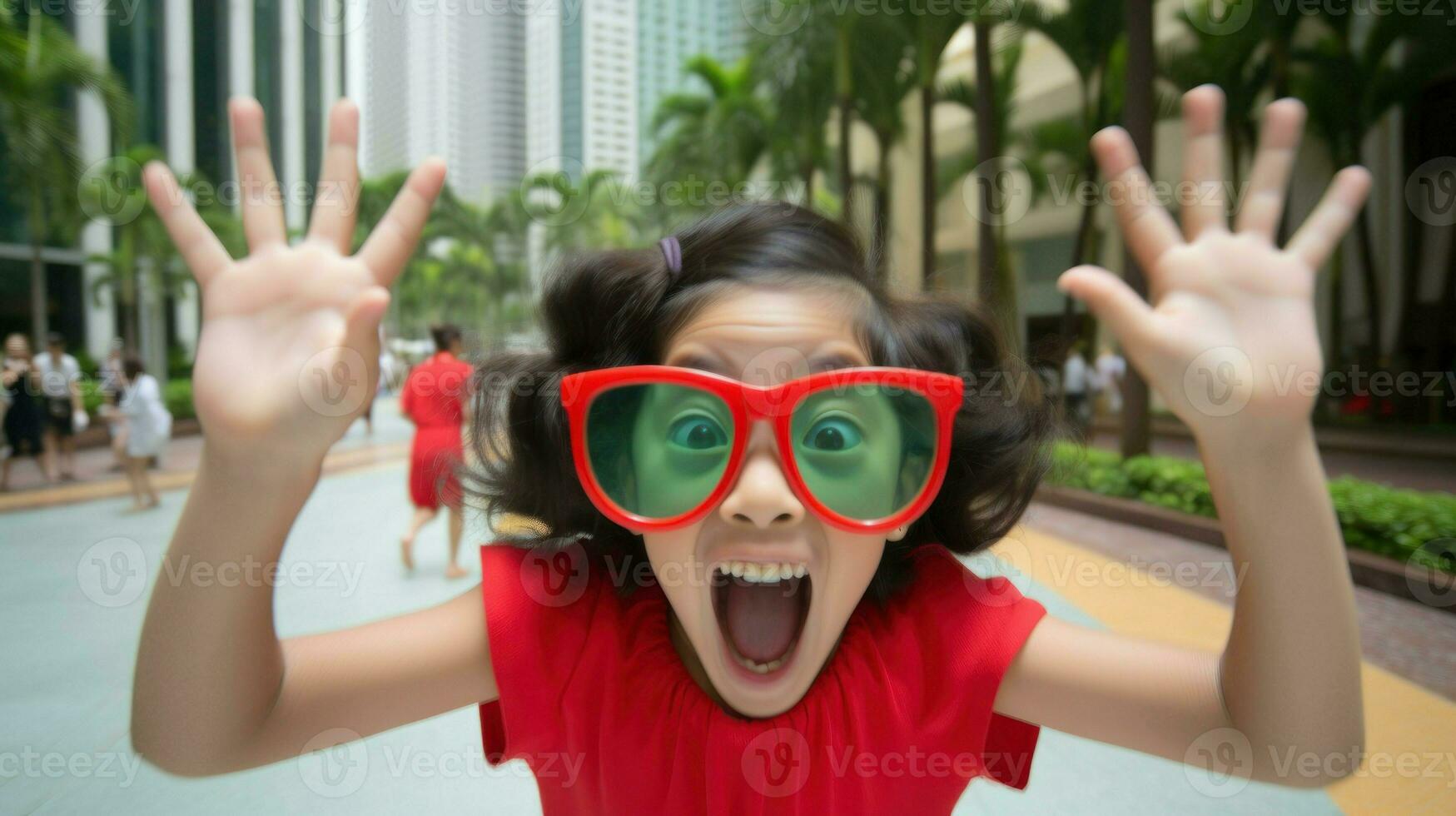 uma pequeno menina expressando surpresa com de grandes dimensões vermelho copos.. generativo ai foto
