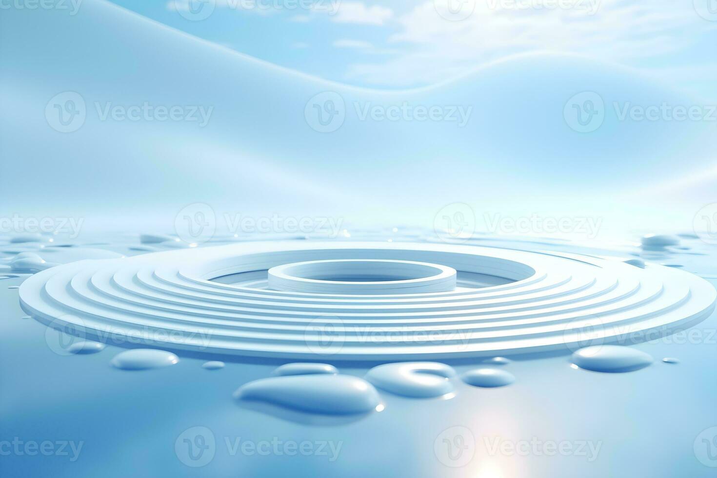 3d Renderização do branco círculo em azul fundo com alguns água gotas ai generativo ilustração. pódio para produtos atirar. foto