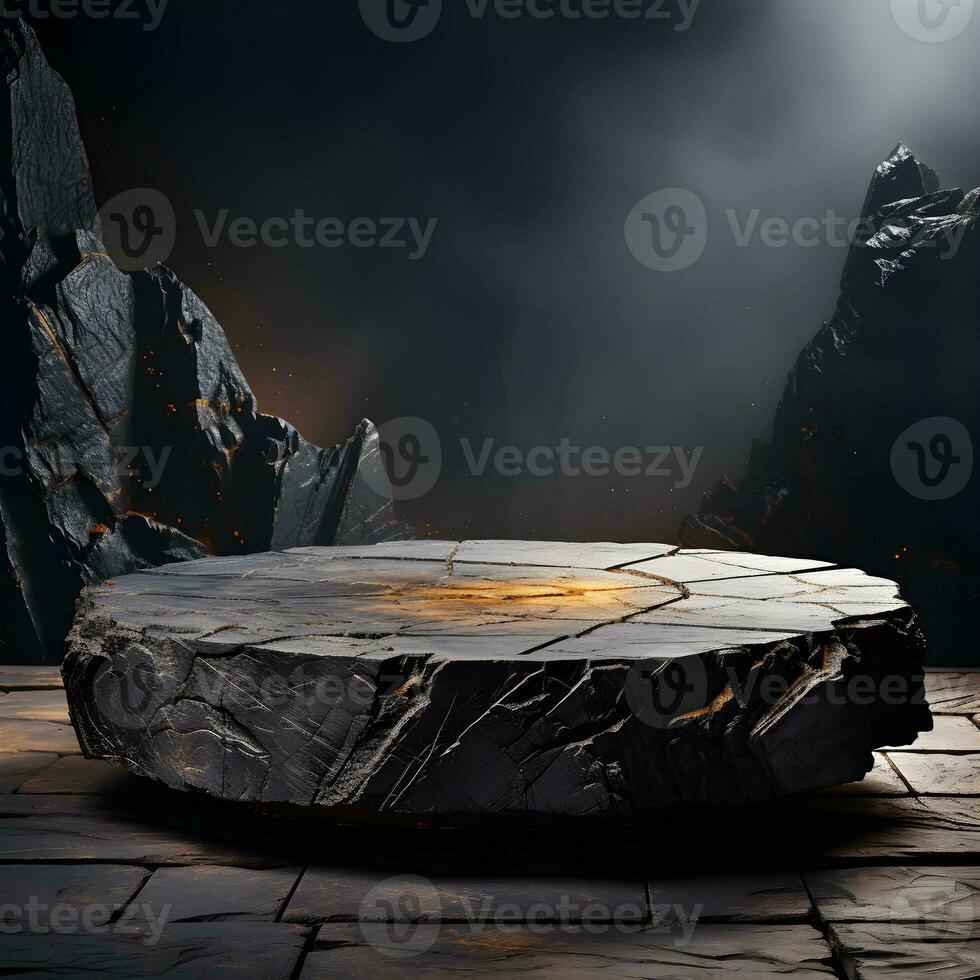 Preto pedra círculo pódio pedestal produtos etapa plataforma 3d fundo. generativo ai foto