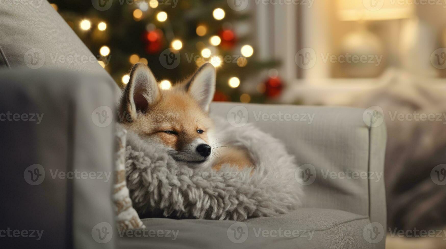 ai gerado fofa pequeno Raposa dormindo em sofá dentro quarto com Natal árvore e luzes foto