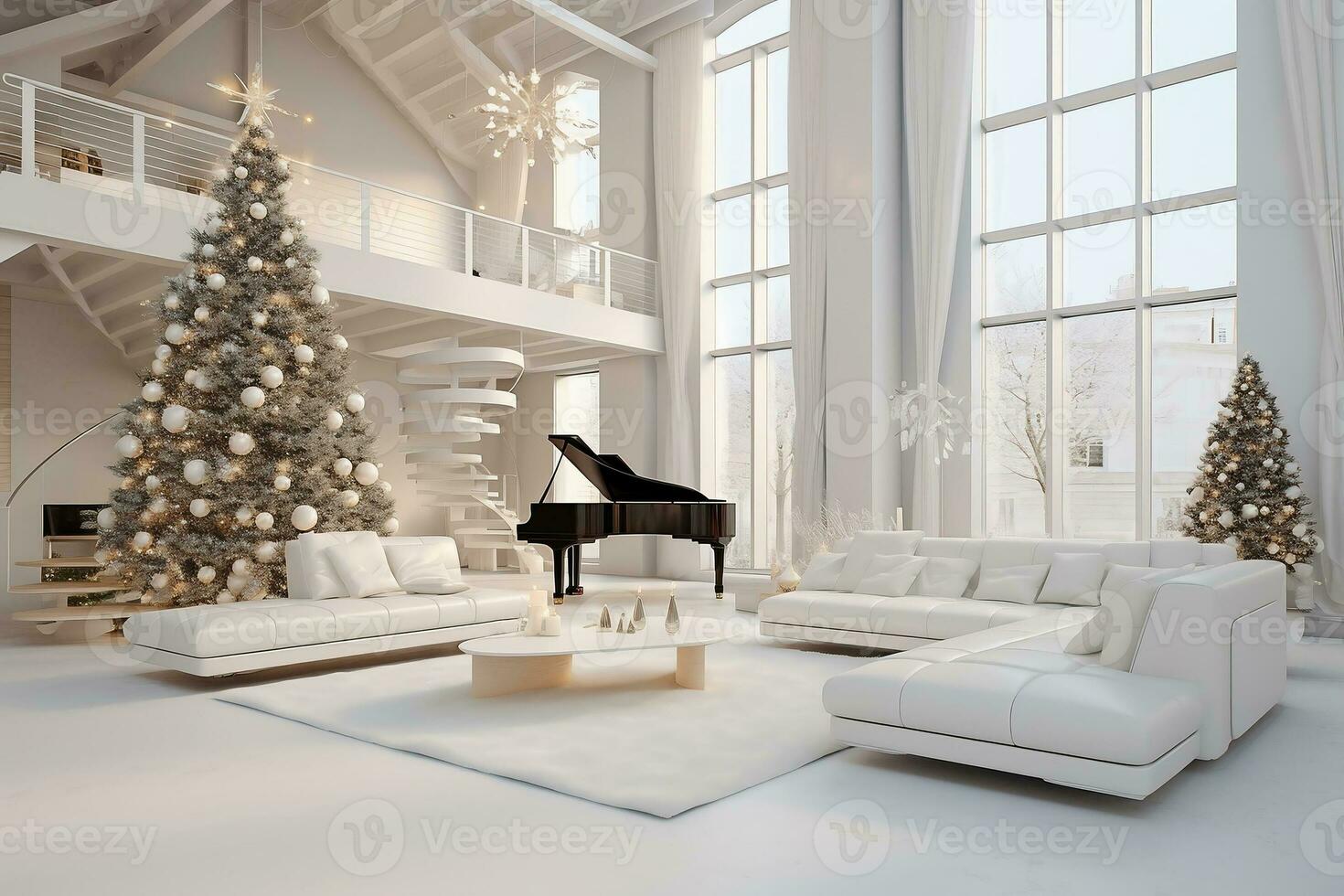 apartamento loft interior com Natal árvore e branco decorações. ai generativo foto