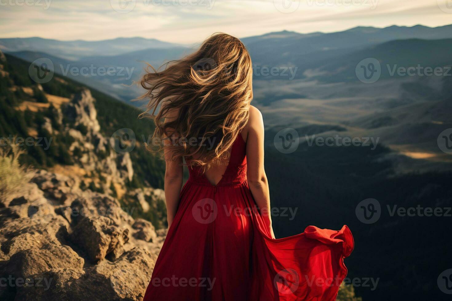 uma mulher dentro uma vermelho vestir com dela costas em topo do uma montanha. conquista, motivação conceito. ai generativo foto