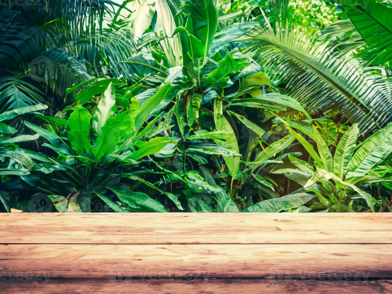esvaziar de madeira de mesa pódio dentro jardim aberto floresta, borrado verde plantas fundo com espaço. orgânico produtos apresenta natural posicionamento pedestal mostrar, Primavera e verão conceito foto