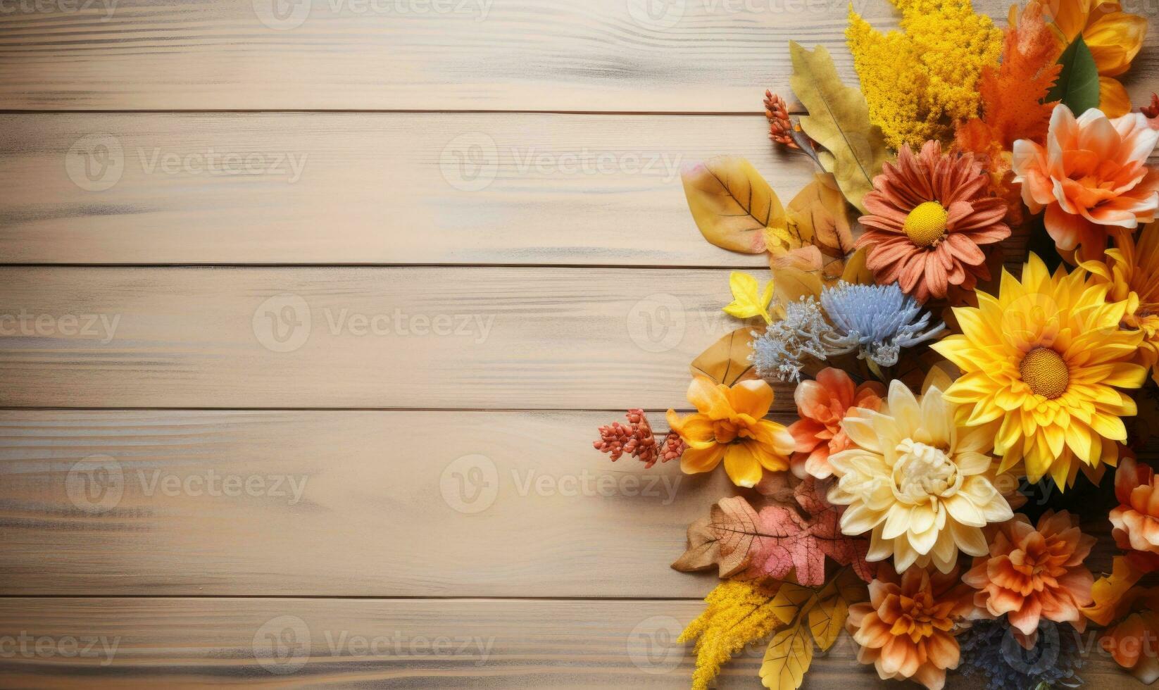 ai gerado outono flores quadro, Armação em de madeira fundo. sazonal amarelo e vermelho flores outono fundo. espaço para texto. foto