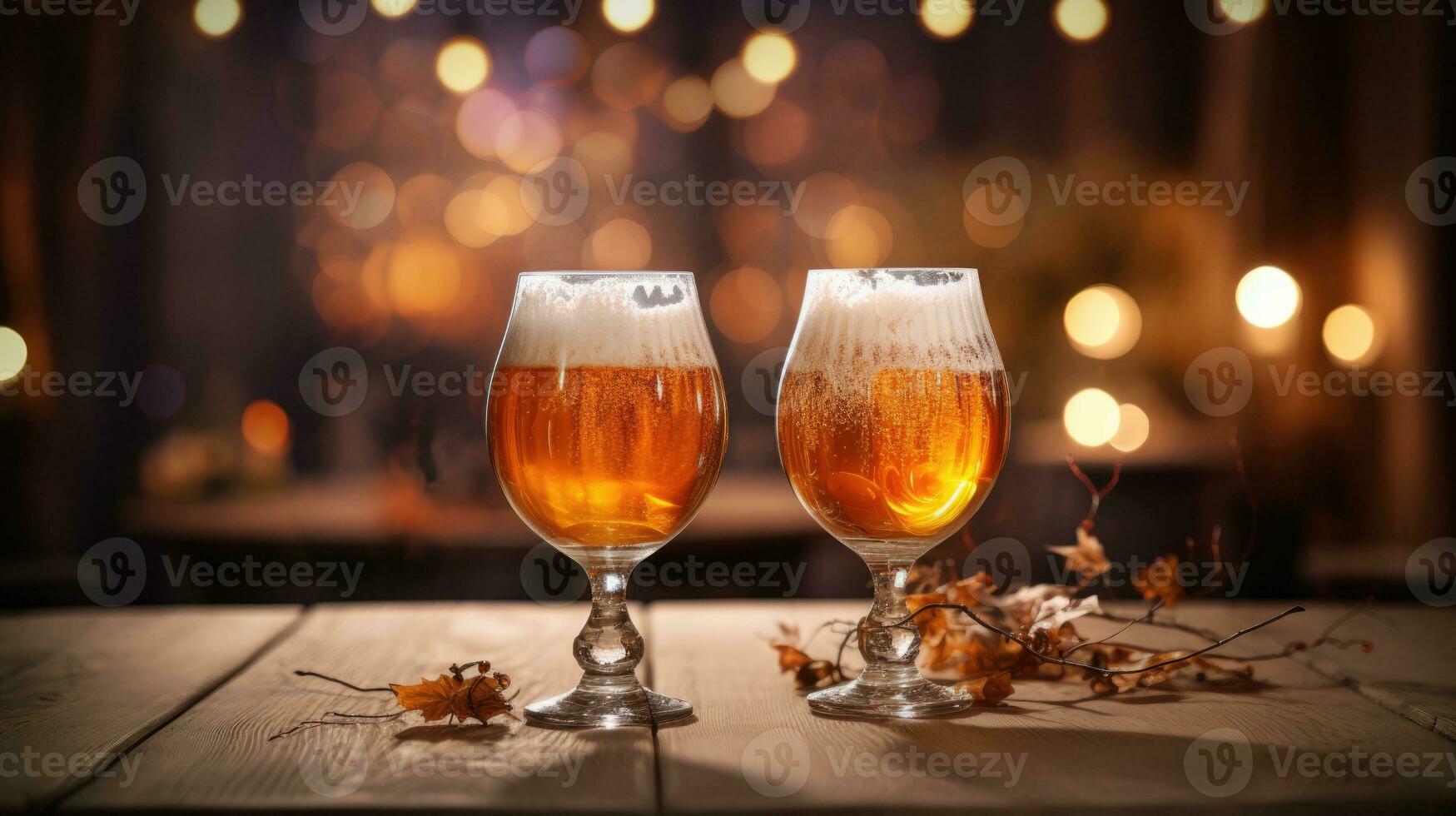 ai generativo dois óculos do Cerveja em uma de madeira mesa com bokeh luzes dentro a fundo. outono seco folhas em a mesa. foto