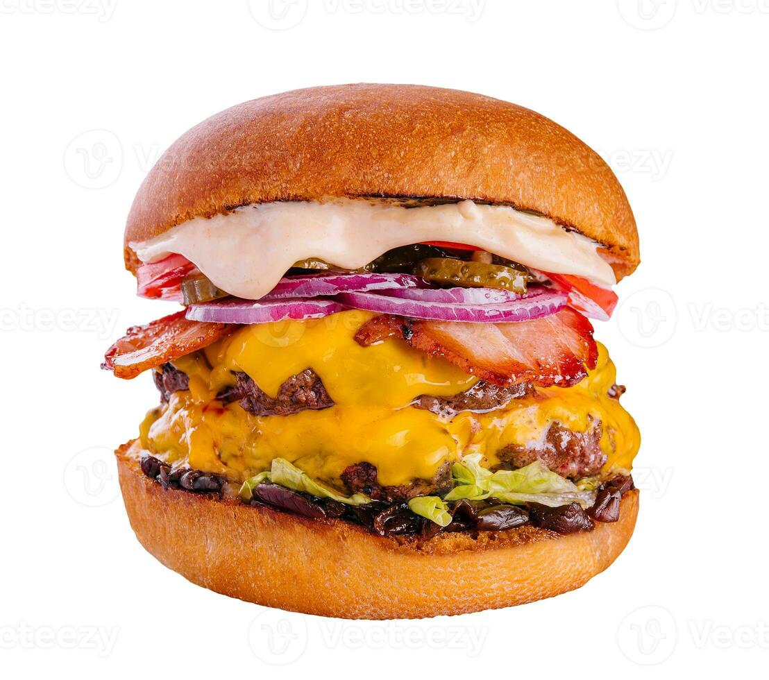 bacon queijo hamburguer com carne patty tomate cebola foto