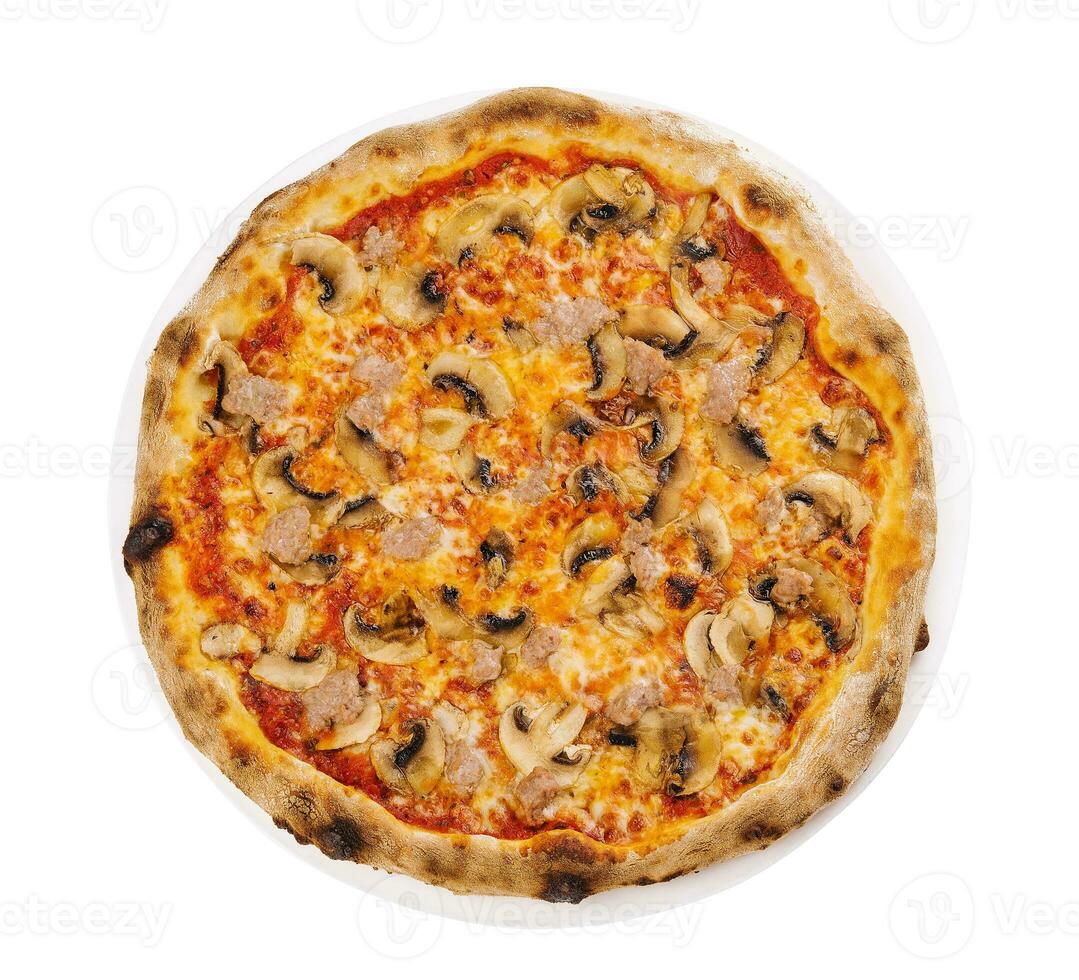 saboroso pizza com picado carne topo Visão foto