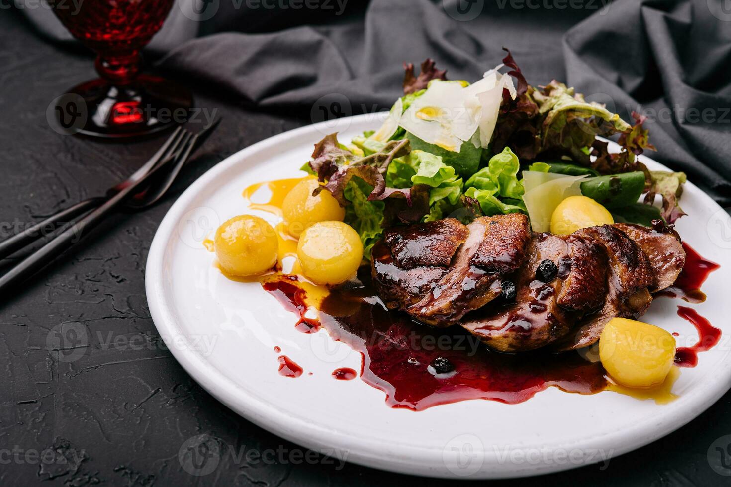 moderno estilo gourmet Pato seio filé com salada e oxicoco saborear oferecido foto