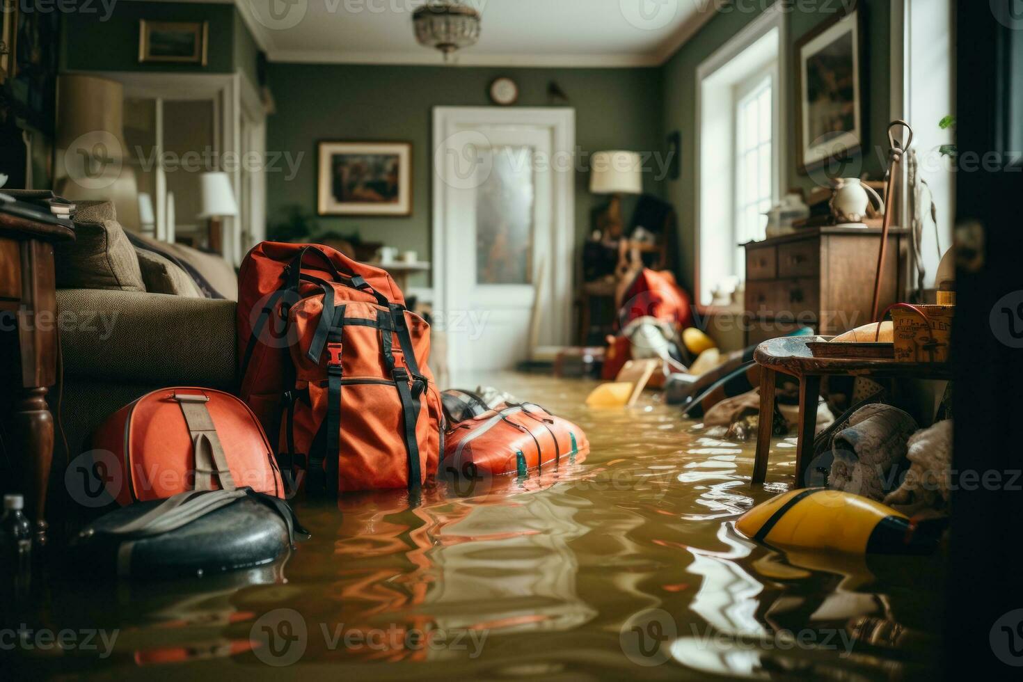 inundado quarto dentro a casa com coisas, tsunami arruinado pessoas propriedade generativo ai foto