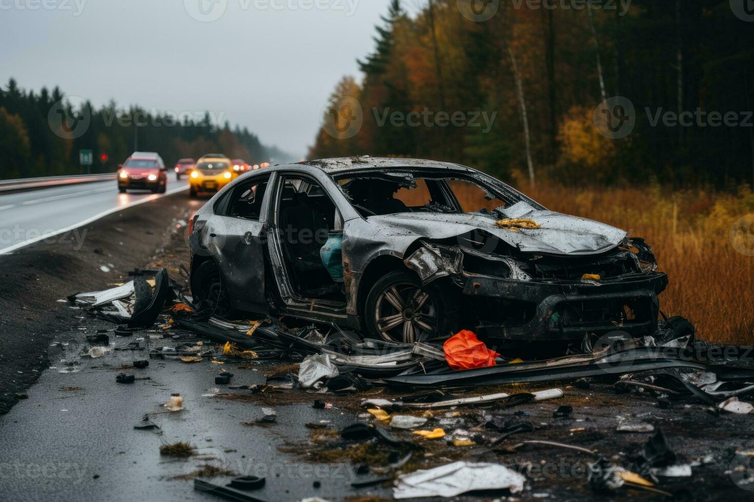 A paixão súbita carro acidente em a estrada generativo ai foto