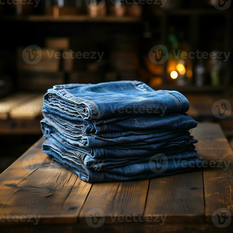 ai gerado azul jeans jeans com madeira fundo foto