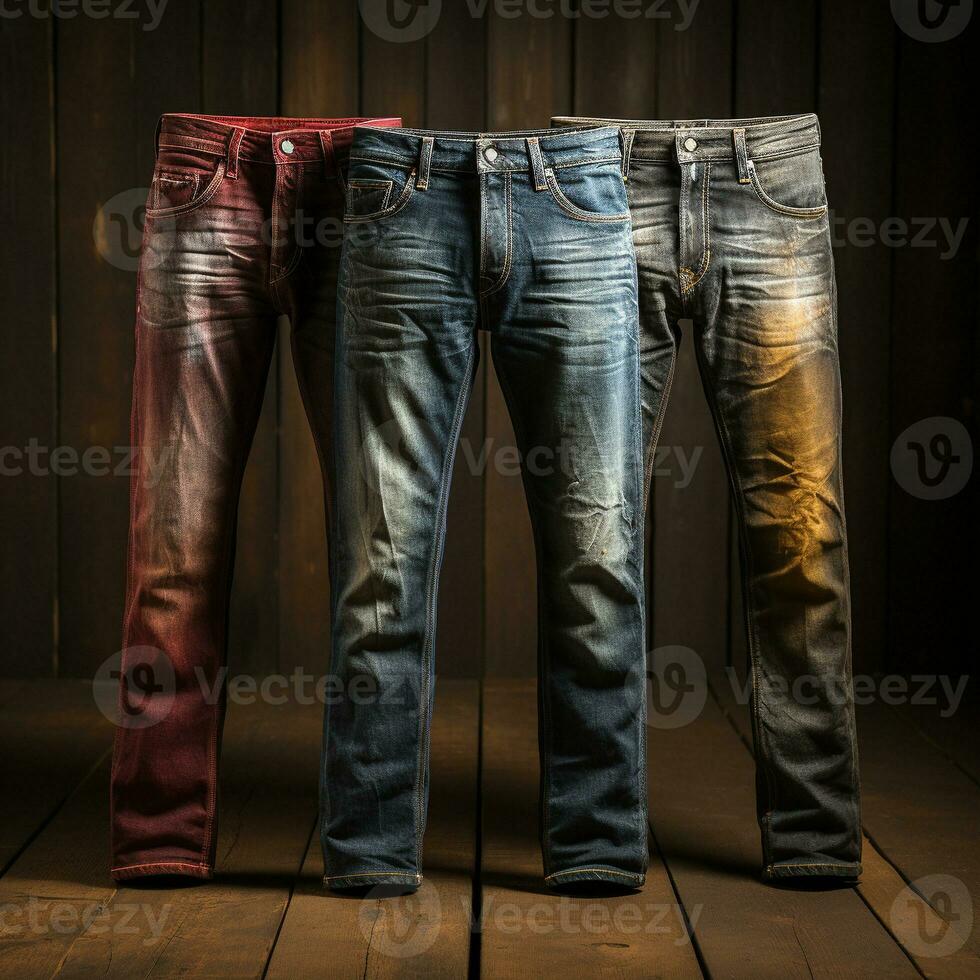 ai gerado azul jeans jeans com madeira fundo foto