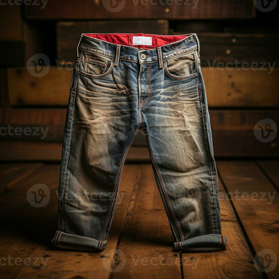 ai gerado azul jeans jeans com madeira fundo foto