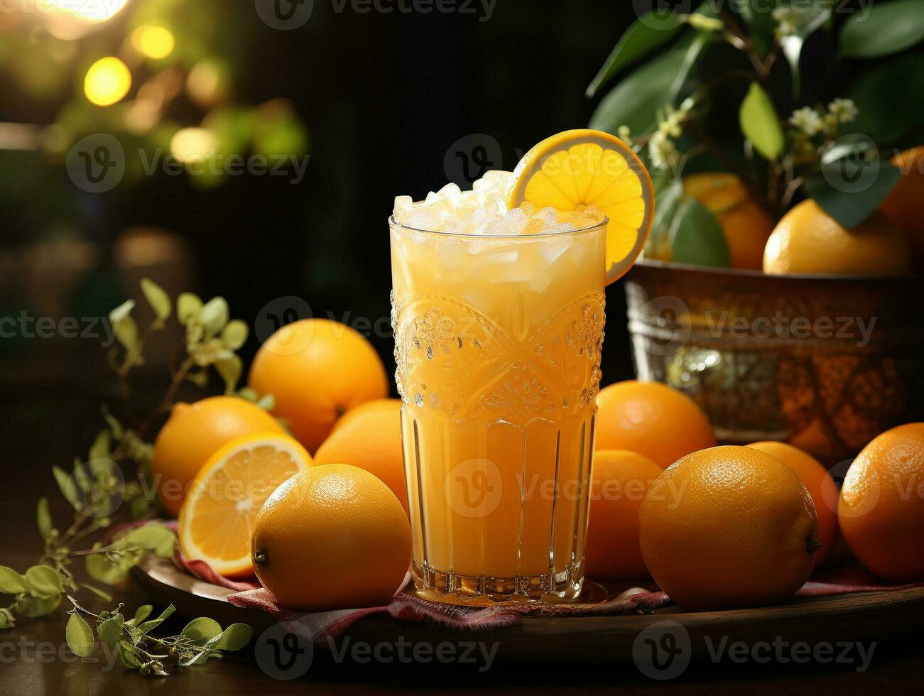 ai gerado laranja suco em madeira mesa foto