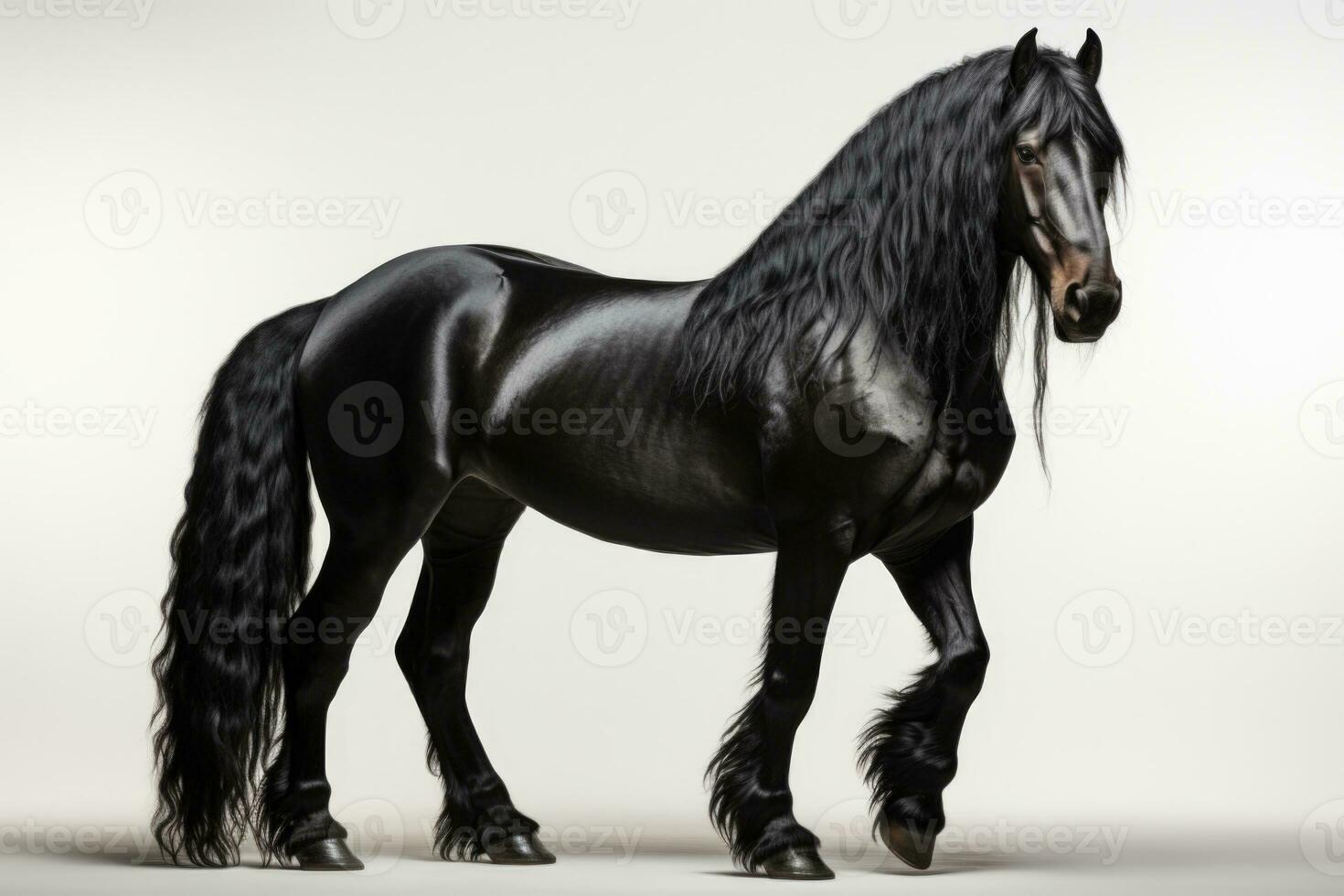 Preto frisão garanhão com Preto juba e grandes juba em branco fundo. ai generativo foto