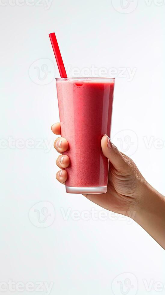 mão detém uma vidro do fresco morango smoothie. verão beber milkshake e refresco orgânico conceito. ai gerado foto