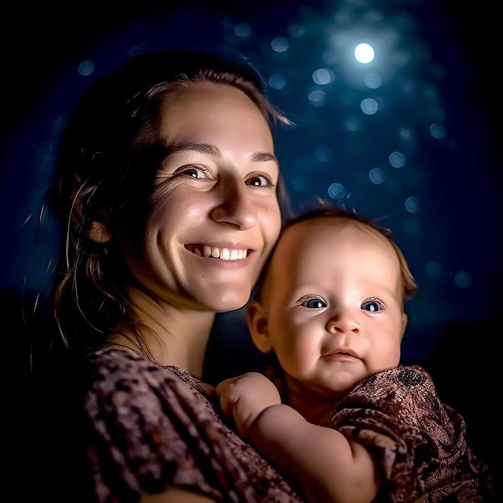 ai generativo uma jovem mãe e dela fofa pequeno bebê debaixo a azul noite luzes foto