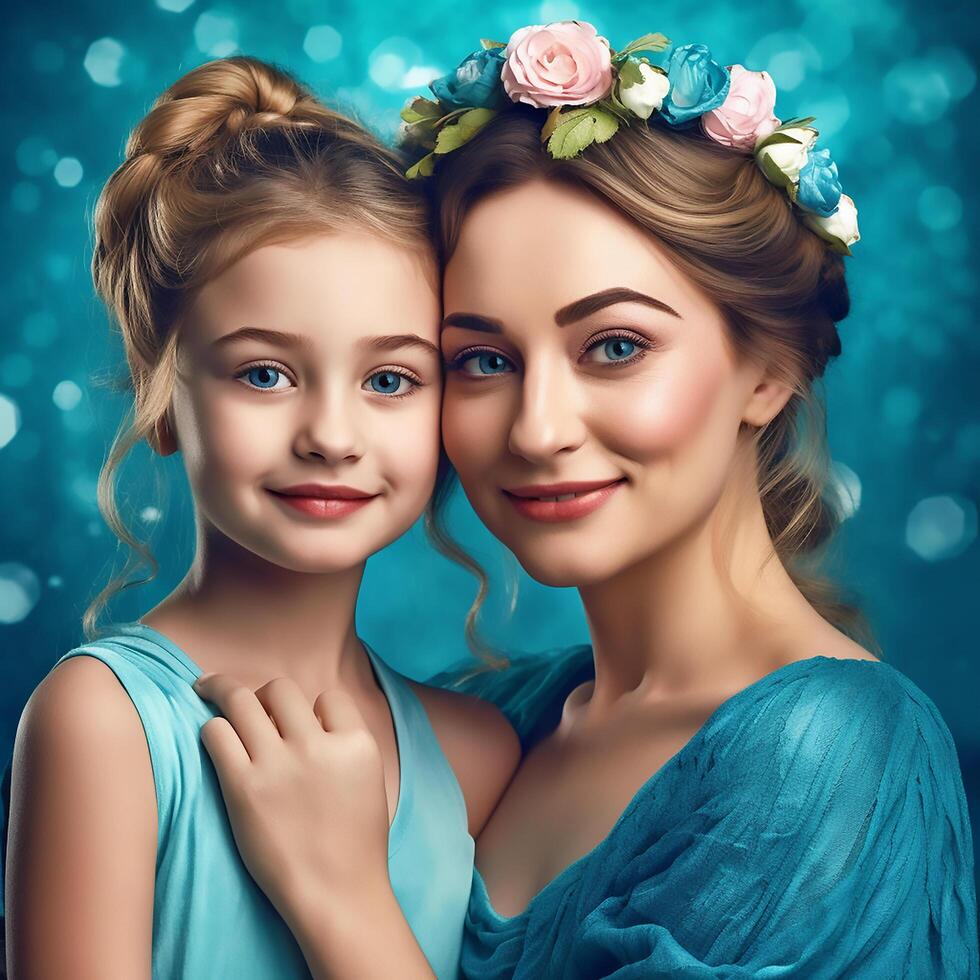 ai generativo uma jovem mãe e dela filha com simples flor coroas em seus cabeças foto