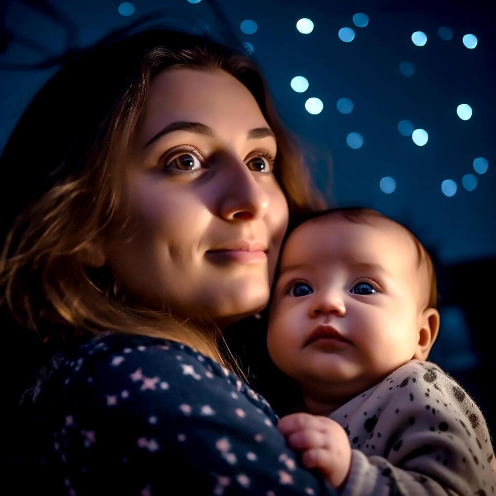 ai generativo feliz mãe segurando dela criança debaixo azul céu foto