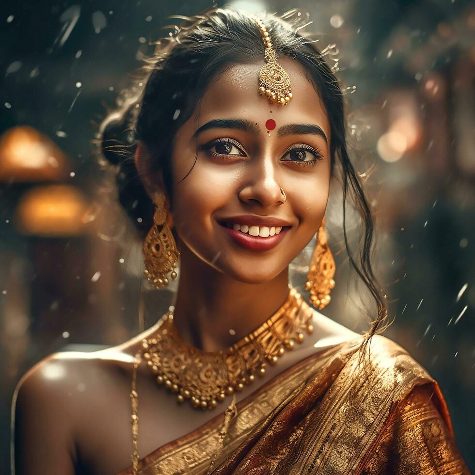 ai generativo bronzeado cor pele simples olhando jovem menina vestir acima saree foto