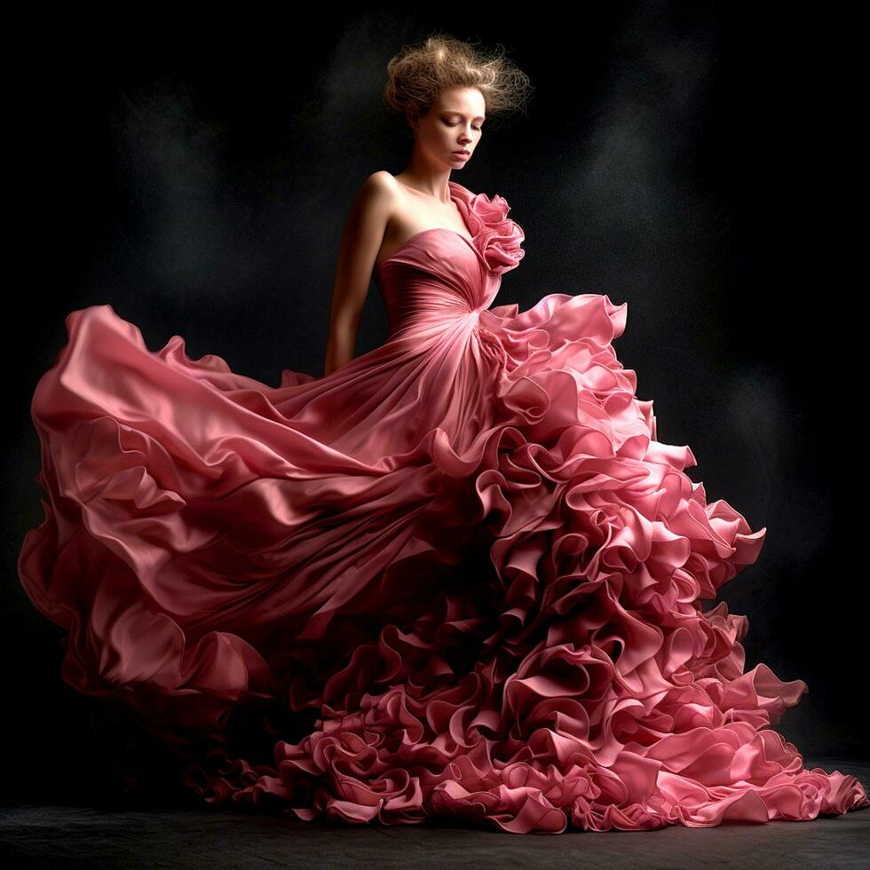 ai generativo uma bonita modelo com uma abstrato Rosa bagunçado vestir em uma Sombrio fundo foto