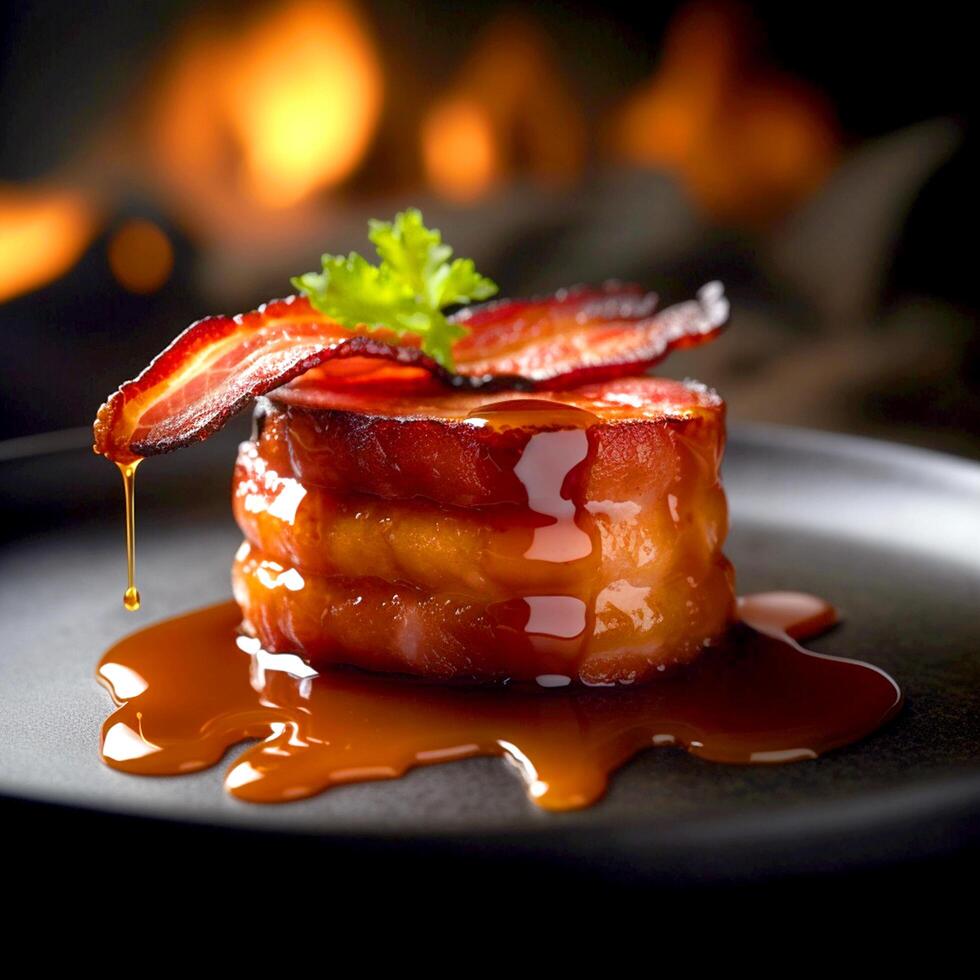 ai generativo delicioso bacon em uma Preto prato em uma borrado fogo fundo foto