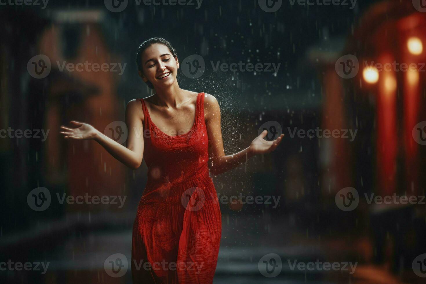 feliz mulher vermelho vestir dançando chuva. gerar ai foto