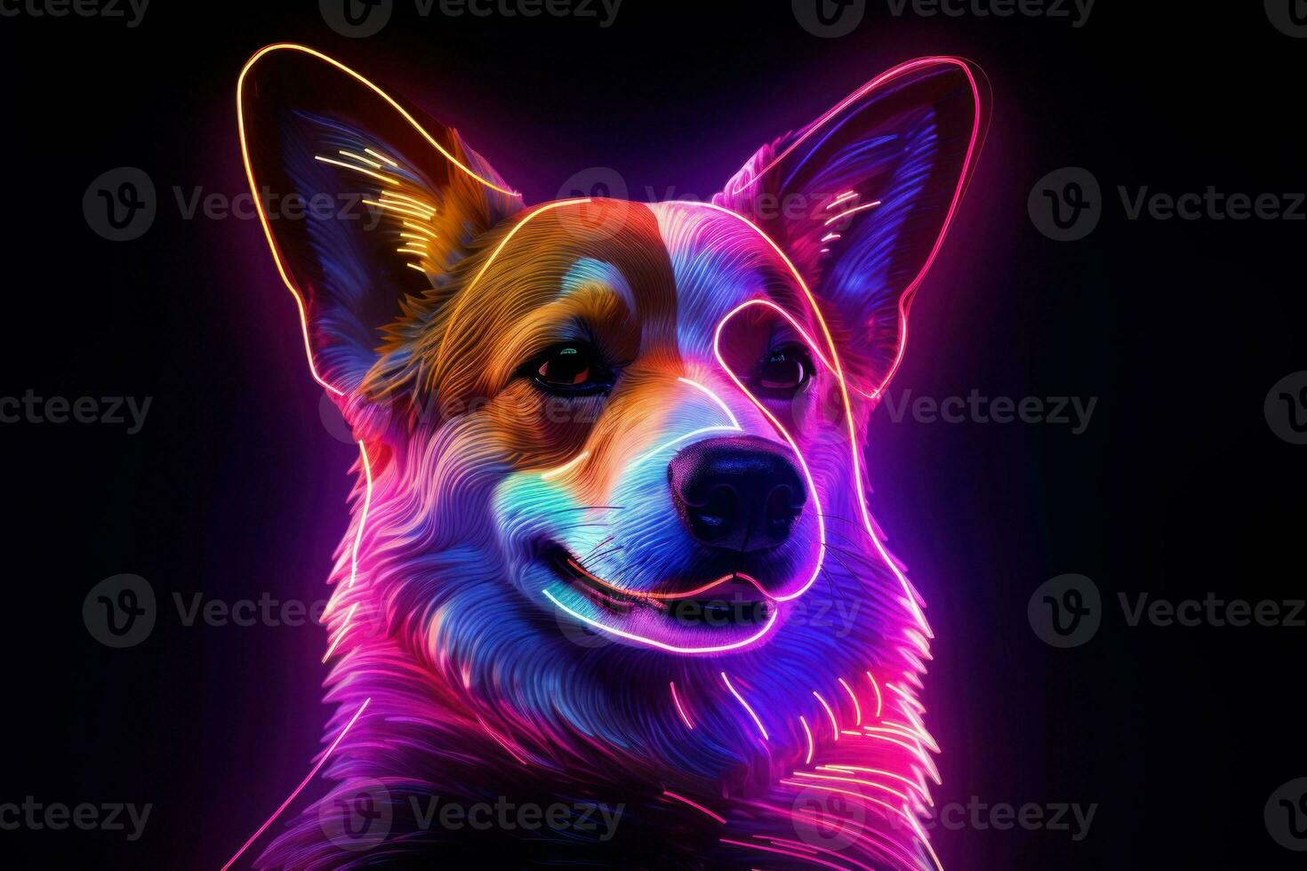 radiante corgi cachorro cyberpunk néon luzes. gerar ai foto