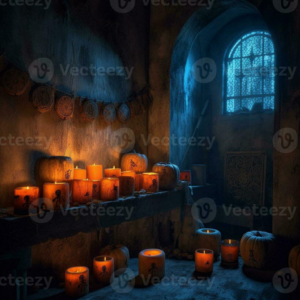exibição do vela aceso esculpido dia das Bruxas abóboras dentro pedra quarto com aranha teias e estranho sinais aceso com azul e vermelho claro. generativo ai. foto