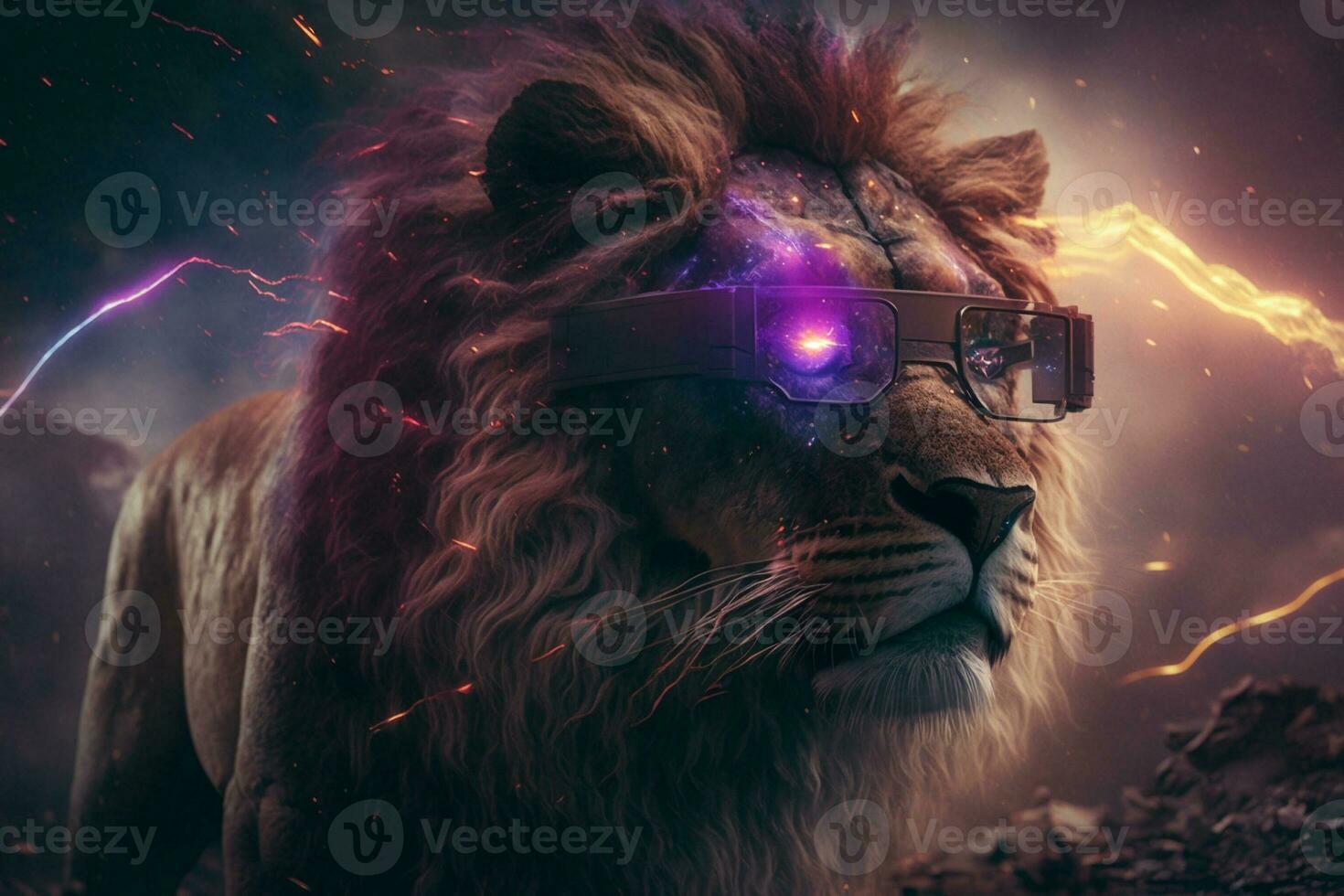leão cabeça vestindo virtual realidade copos, surpreendente experiência dentro abstrato vr óculos. generativo ai. foto