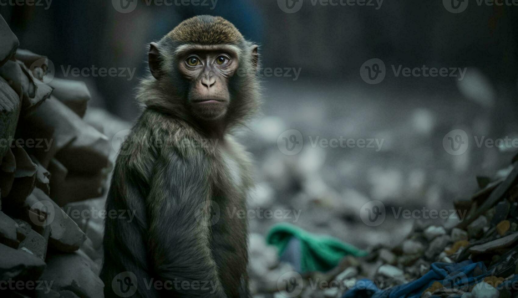 uma macaco em pé entre a pilhas do plástico com olhando para Comida e alojamento, conceito do salvando a mundo. generativo ai. foto