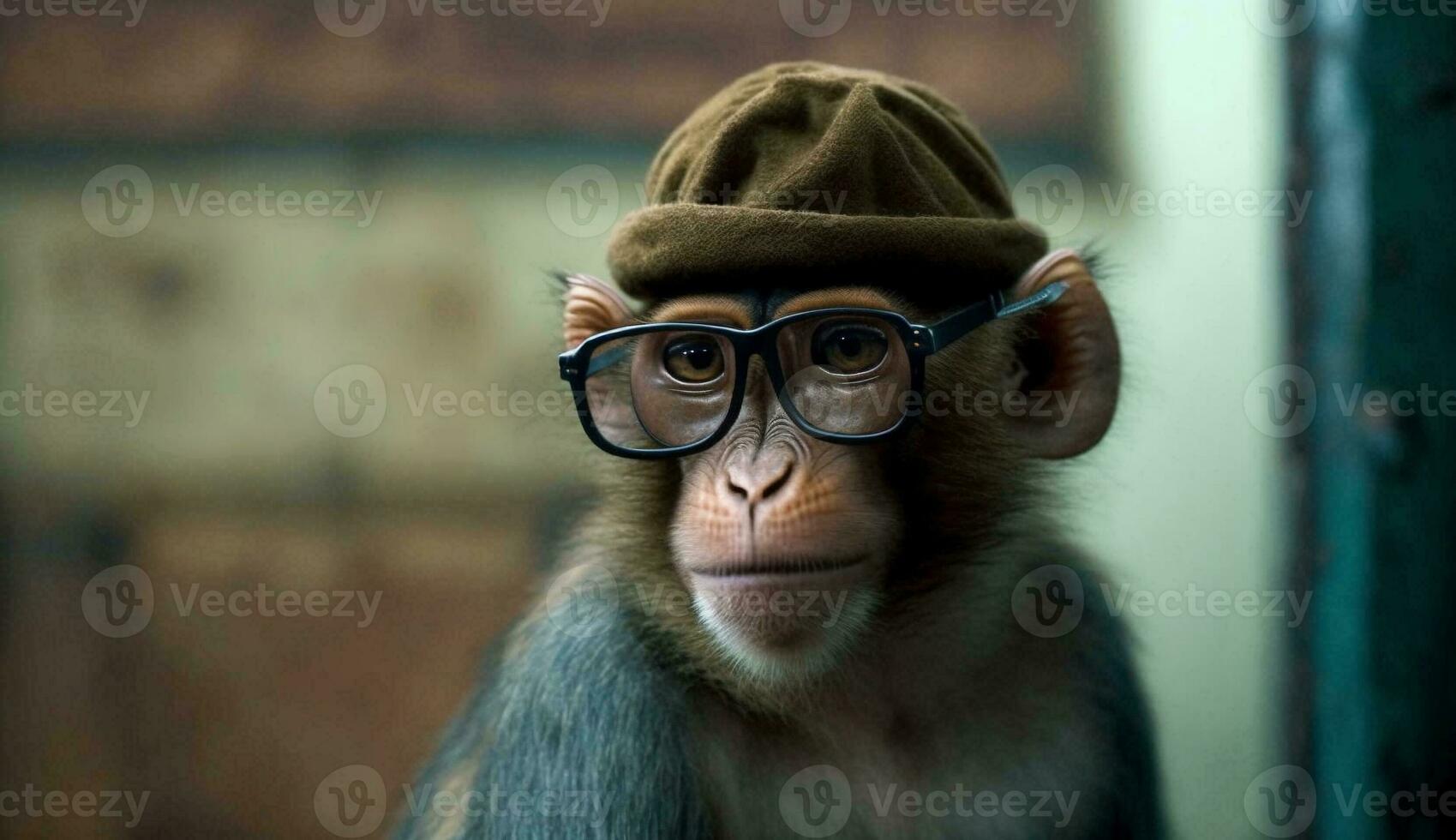 macaco vestindo óculos segurando uma Câmera poses para uma foto, foto