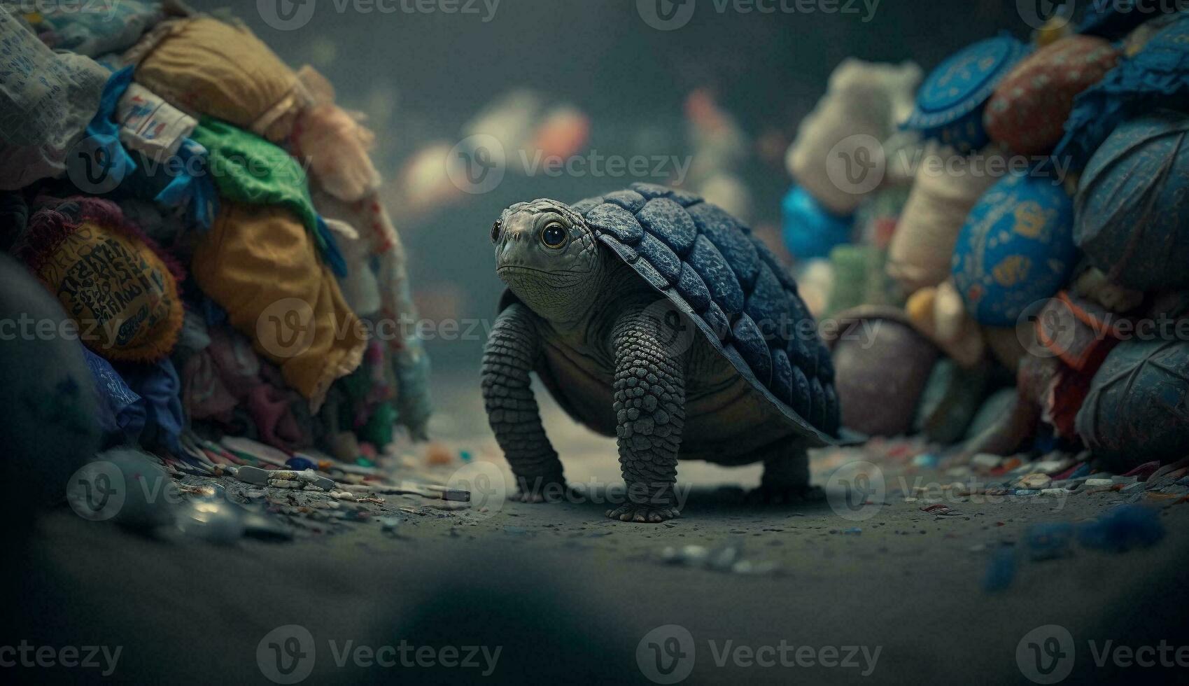 uma tartaruga dorme entre a pilhas do plástico desperdício, conceito do salvando a mundo. generativo ai. foto