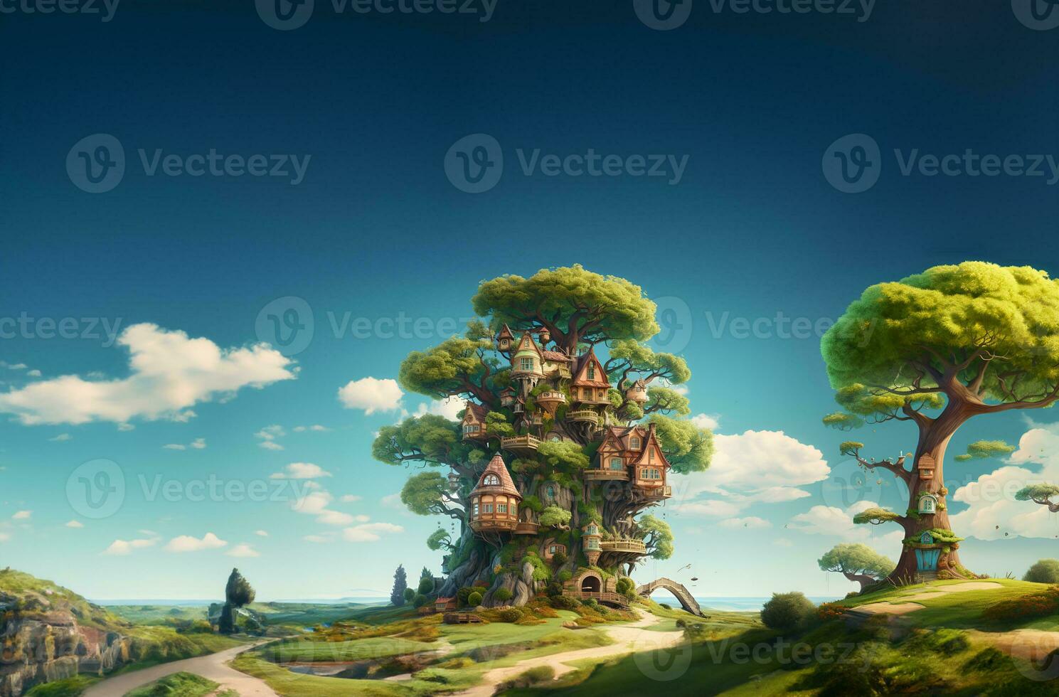 casas e árvores em uma flutuando ilha em uma brilhante fundo. ai generativo foto