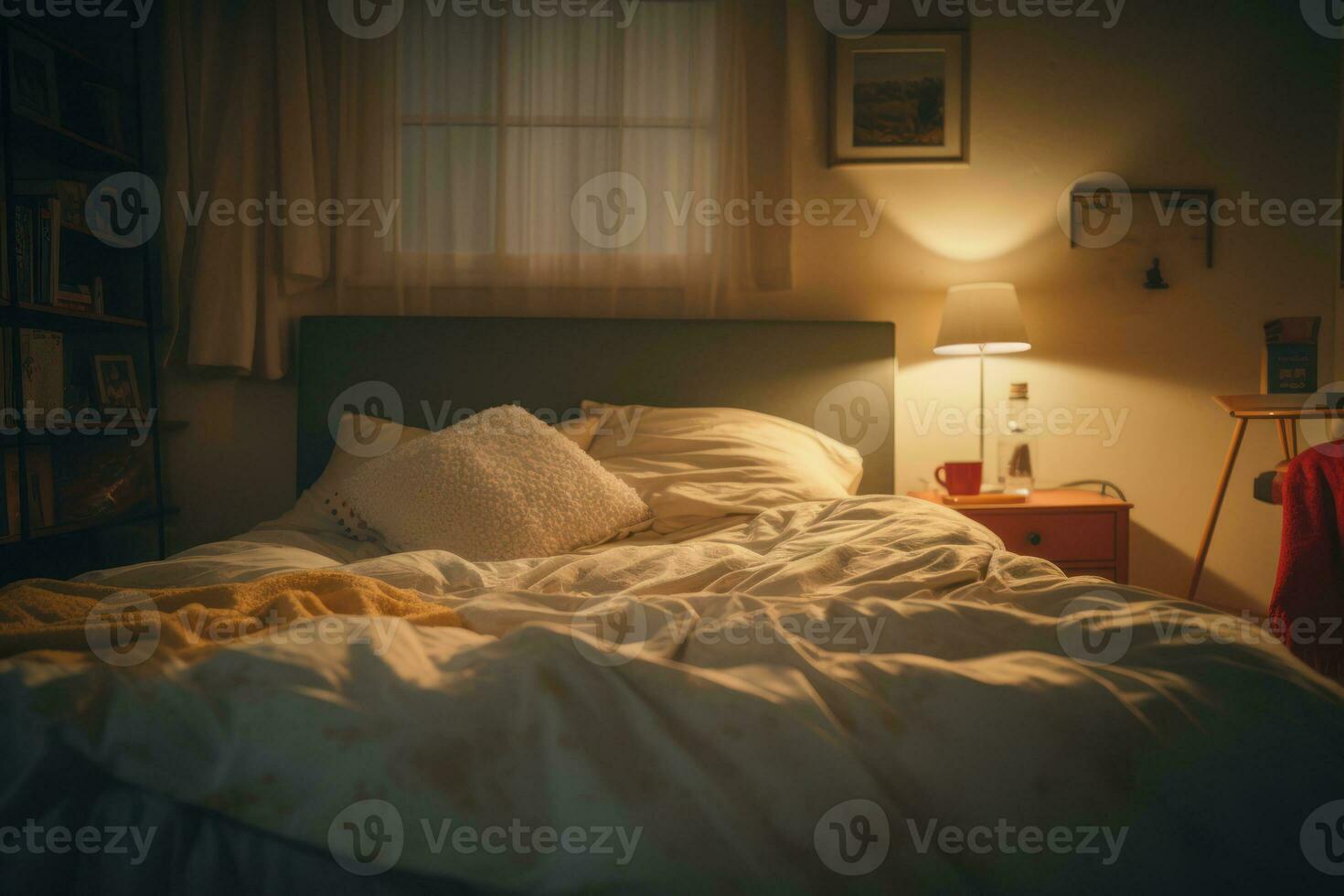 uma sereno quarto cena com suave iluminação, uma ordenadamente fez cama, e uma calma atmosfera, simbolizando uma perfeito dormir ambiente.generativo ai foto