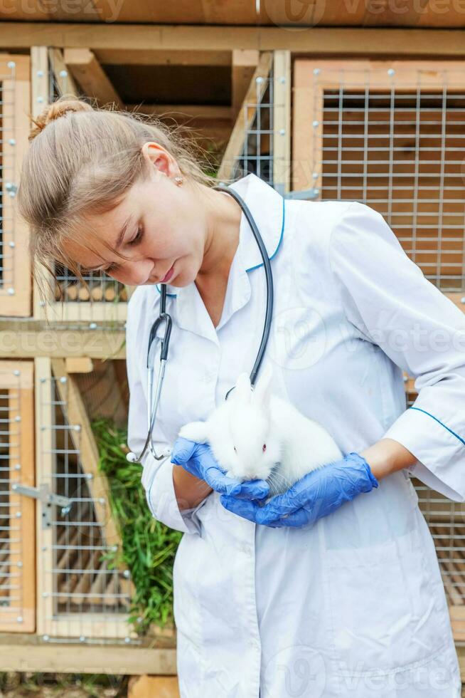 feliz jovem veterinária com estetoscópio segurando e examinando coelho no fundo do rancho. coelho nas mãos do veterinário para check-up na fazenda ecológica natural. cuidados com animais e conceito de agricultura ecológica. foto