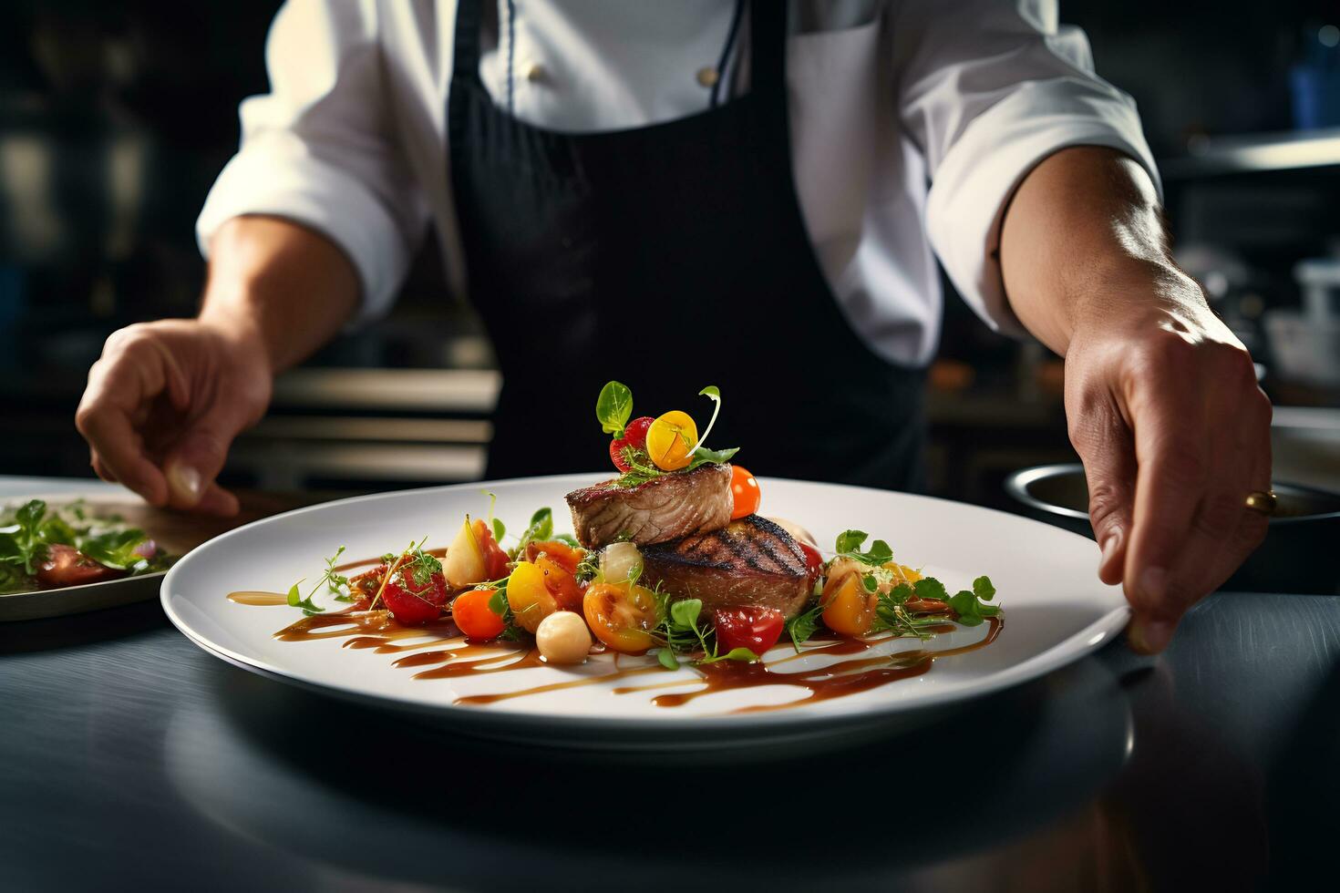 ai generativo chefe de cozinha arranjo Comida em uma prato fechar acima tiro foto