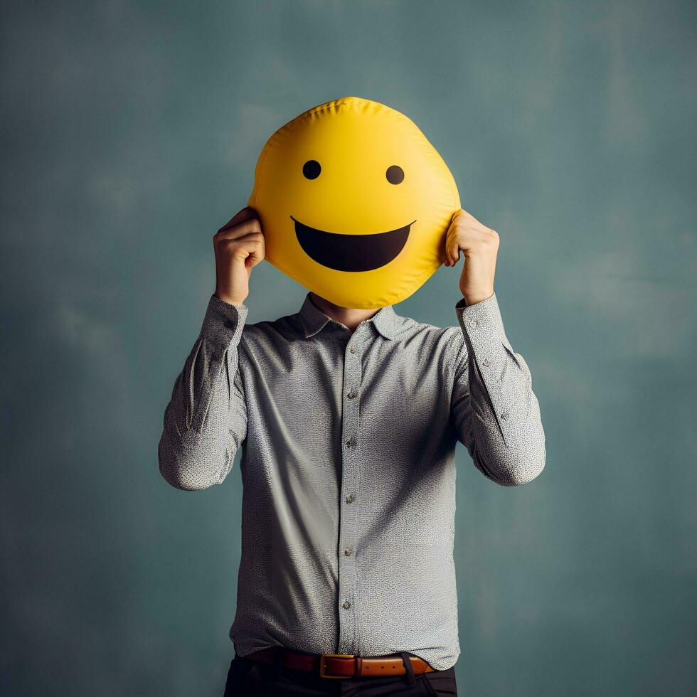 homem dentro camisa cobertura face com feliz sorridente emoji, generativo ai foto