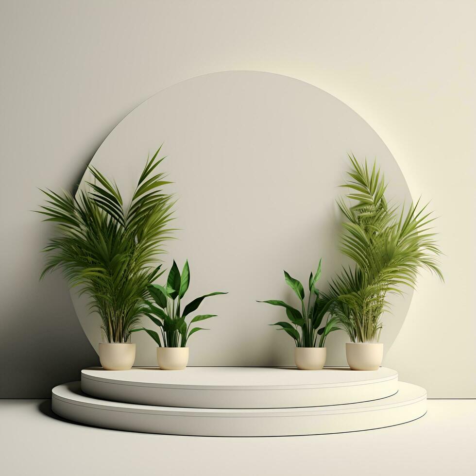 minimalista branco pódio com uma vaso do verde plantas, ai generativo foto